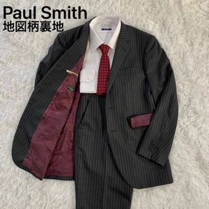 1円~ 【裏地世界地図】 Paul Smith LONDON ポールスミスロンドン スーツ セットアップ ストライプ 2B ブラック ポケット裏地 ワインレッド