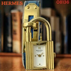 箱＆保証書付 エルメス/HERMES ケリーウォッチ 南京錠 レディース腕時計 正規品 ◯X ゴールド レザー レディース腕時計 革 カデナ ブルー