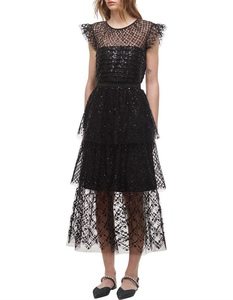 セルフポートレイト Self-Portrait ワンピース ティアード スパンコール ブラック US0 UK4 サイズXS 未使用 Grid Sequin Tiered Mido Dress