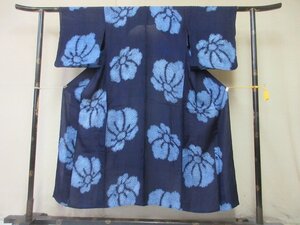 1円 中古 正絹 着物 紗 和装 和服 アンティーク レトロ 藍染 草花 花柄 単衣 身丈139cm 裄60cm【夢職】★★★