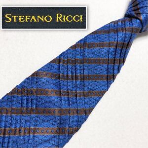 ■極上美品■希少最高級品■STEFANO RICCI ステファノリッチ　プリーツタイ　ネクタイ　ストライプ×幾何学模様×シャドー　シルク　伊製