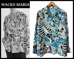 送無 使用感少ない美品 WACKO MARIA ワコマリア 22AW TIM LEHI L/S HAWAIIAN SHIRT TYPE-2 総柄 タイガー スカル 長袖 アロハ シャツ 青 M