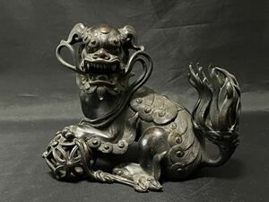 金工師 在銘 唐銅 古銅 獅子香炉 玉獅子17cm 置物 古美術 幕末〜明治 H20