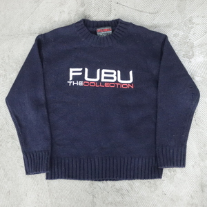 KD257 90sビンテージ FUBU アクリルニットセーター 子供服 キッズ Kids■1990年代製 表記Mサイズ ネイビー ヒップホップ Bboy 古着 80s 00s