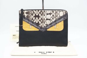 ☆安心の３大保証☆ ABランク ≪FENDI フェンディ/L字ファスナークラッチバッグ≫ 8M0370 バグズアイ モンスター パイソン レザー ブラック