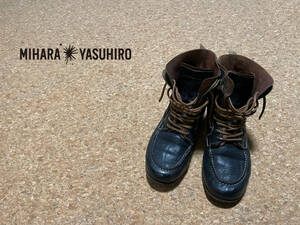 ◯ MIHARA YASUHIRO レイヤード レザー ブーツ / ミハラヤスヒロ 茶芯 レースアップ ワーク モック ブラック 黒 24 1/2 Mens #Sirchive