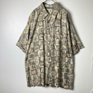 90s USA古着 アロハシャツ 柄シャツ レーヨン レトロ 総柄 ベージュ L