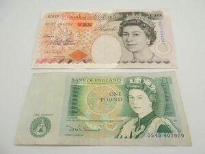 ●イギリス 英国 ￡10 10ポンド 1枚 ￡1 1ポンド 1枚 計11ポンド分 エリザベス女王 イングランド 札 旧札 紙幣 旧紙幣 古紙幣 外国 海外●