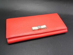 ■美品■ FURLA フルラ レザー リボン 二つ折り 長財布 ウォレット 札入れ 小銭入れ レディース レッド系 DE2957