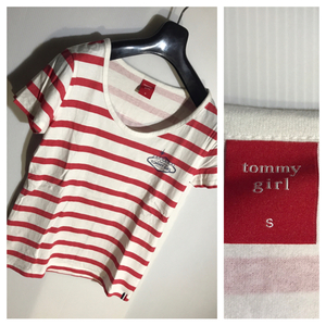 tommy girl トミーガール トミーヒルフィガー 赤 × 白 ボーダー ロゴ デザイン プリント 半袖 カットソー Ｔシャツ S