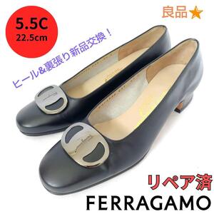 良品Ferragamo【フェラガモ】ヴァラプレート 艶消し パンプス 黒