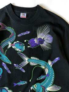 美品●90s USA製 Deep-Sea Fish All Over Print Tシャツ 黒 L ビンテージ 90年代 深海魚 全面総柄 プリント 80s ヴィンテージ US 古着