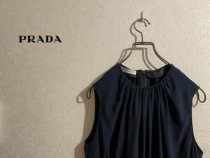 ◯ イタリア製 PRADA ノースリーブ ギャザー ブラウス / プラダ シャツ シフォン サテン シルク ネイビー ブラック 40 Ladies #Sirchive