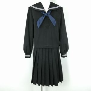 1円 セーラー服 スカート スカーフ 上下3点セット 大きいサイズ カンコー 冬物 白3本線 女子 学生服 中学 高校 黒 中古 ランクC NA6944