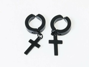男女兼用ファッション シンプル 丸型 ピアス イヤーカフ イヤリング 挟むタイプ 2個入#ブラック十字架B