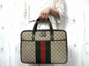 極美品 GUCCI グッチ GGスプリーム シェリーライン ビジネスバッグ ハンドバッグ バッグ レザー 茶系 A4可 メンズ 64777L