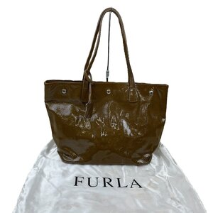 USED FURLA フルラ エナメル トートバッグ ブラウン系 カーキ系 レディース ハンドバッグ ショルダーバッグ 通勤 通学 A4サイズ