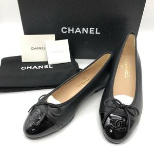 【未使用保管品】 CHANEL G02819 フラットシューズ #36 約23cm相当 黒 ラムスキン パテント レザー リボン ココマーク パンプス シャネル