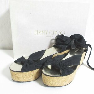 良品 JIMMY CHOO ジミーチュウ NORAH 70 コルクリボンサンダル 38 24.5cm相当 ブラック×ベージュ ◆