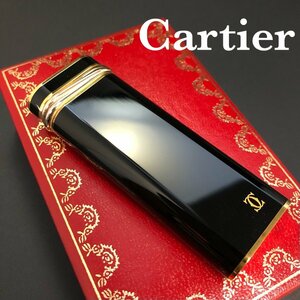 Cartier カルティエ トリニティ ライター ロゴ入り ブラックラッカー/ゴールド オーバル ガスライター 着火未確認 ケース付 正規品 最落無