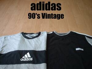 即戦力2着セット90sビンテージadidasモノトーンマルチカラーTシャツMグレーxブラックxホワイト正規アディダスパフォーマンスロゴクルー