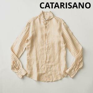 CATARISANO カタリザーノ ワイドカラー ストライプ リネン シャツ S ホワイト オレンジ カッタウェイ ホリゾンタル 麻 長袖 国内正規