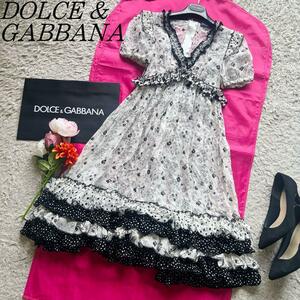 【良品】DOLCE&GAABANA シフォンワンピース 総柄 フリル 36 半袖 ドルチェアンドガッバーナ ハーフスリーブ 花柄 フラワー