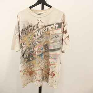 K491 90sビンテージ KEVINHARVICK NASCAR レーシング プリントTシャツ ペンキ■1990年代製 XLサイズくらい 白 ホワイト BORO 古着卸 80s