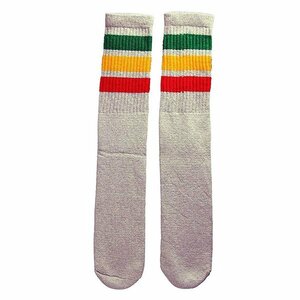 SkaterSocks ロングソックス 靴下 ソックス スケボー Knee high Grey tube socks with Green-Gold-Red stripes style 1 (22インチ)