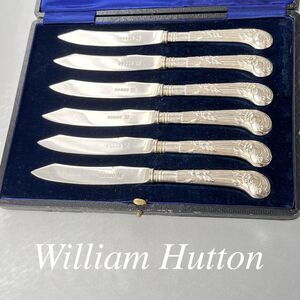 【William Hutton & Sons Ltd】 【純銀ハンドル】ピストルグリップのティーナイフ 6本 ケース 1909年