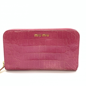 MIU MIU ミュウミュウ 長財布 ラウンドファスナー ピンク ゴールド金具 小銭入れ 札入れあり ロゴ シンプル レディース 管理HS39376