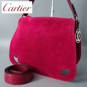 1円～ Cartier カルティエ マルチェロ 2way パイソン ハンドバッグ 赤 レッド ショルダー レザー 革 スエード 肩掛け レディース