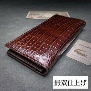 即決 無双 折り財布(クロコダイル/長財布/センター部位/ハンドメイド/茶色/本物/腹革使用/本ワニ革/無双/ワニ革内装/新品未使用/実物写真)