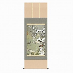 ◎伊藤若冲『雪中遊禽図（尺五立）』版画+手彩色★花鳥・掛け軸・【新品】