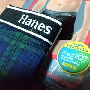 Hanes ボクサーブリーフL 紺x緑チェック 綿95% ヘインズパンツ 下着 ウエスト～約94cm