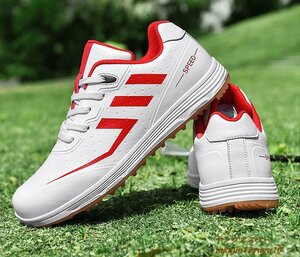 新品セール◆ゴルフシューズ Golf shoes メンズ スニーカー 運動靴スポーツシューズ 紳士 グラデーション幅広 防滑 撥水 耐磨 白/赤 25.5cm