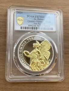 【※世界で4枚】PCGS70鑑定 Gilt版 女王の美徳シリーズ 真実 イギリス領セントヘレナ 1オンス銀貨 シルバー プルーフコイン 金メッキ 24K