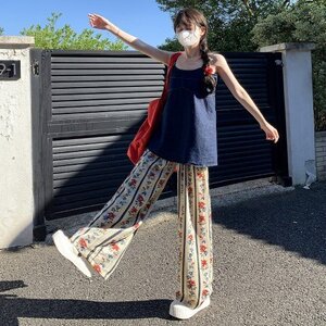 ワイドパンツ 花柄 デザイン 韓国ファッション レディース XL ブラック