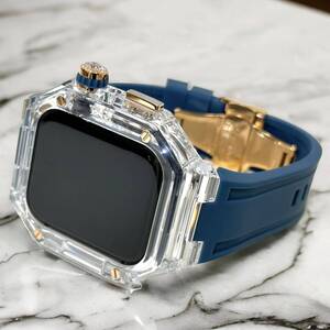 TCN★クリア&ネイビー★アップルウォッチバンド ラバーベルト カバー　Apple Watch クリア ケース 40mm 41mm 44mm 45mm 46mm 49mmDバックル