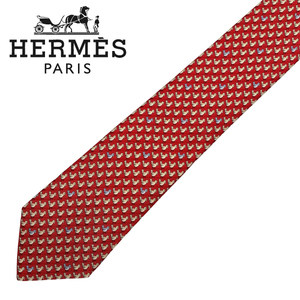 【中古】【非常に良い】HERMES ネクタイ ブランド エルメス レッド 鳥柄 【剣先幅：9cm】r-hermes-t-0592-04