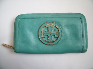 美品 希少！◆ TORY BURCH ◆ トリーバーチ ◆ ラウンドファスナー 長財布◆ ロゴ入り ラム革 レザー製◆ ターコイズブルー系 ◆ 送料無料