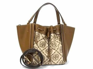 1円 ■美品■ TORY BURCH トリーバーチ Tモノグラム レザー×キャンバス 2WAY クロスボディ ショルダー ハンドバッグ ブラウン系 FA8815