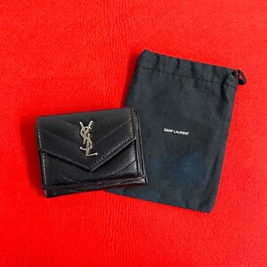 極 美品 希少品 SAINT LAURENT PARIS サンローランパリ YSL ロゴ 金具 レザー 本革 三つ折り財布 ミニ ウォレット 小銭入れ ブラック 35308