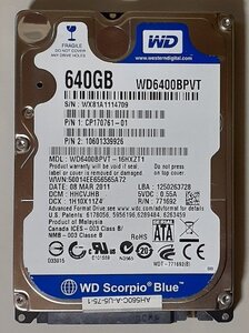 4182 2.5インチ内蔵SATAハードディスク 9.5mm 640GB WD6400BPVT-16HXZT1 富士通 LIFEBOOK AH56/C Windows7Homeリカバリ領域 正常 1138時間