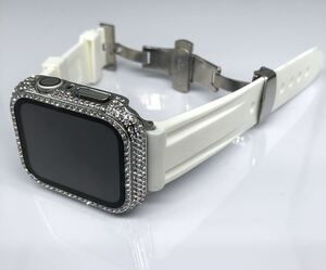 ホワイト 2nd シルバー★アップルウォッチバンド ラバーベルト Apple Watch 　キラキラ ケース カバー 4 5 6 7 8 se 40mm 41mm 44mm 45mm