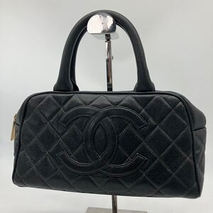 美品 CHANEL シャネル キャビアスキン ココマーク マトラッセ ミニボストン ハンドバッグ ブラック