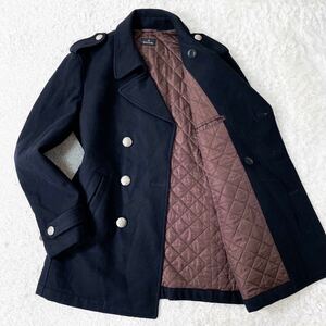 【美品/カシミヤ混/M-L相当】 Paul Smith ポールスミス Pコート ピーコート キルティング 銀ボタン アウター メンズ ビジネス 中綿 黒