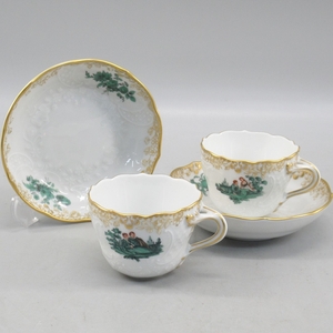 1円〜 Meissen マイセン グリーンワトー 恋人 デミタスカップ＆ソーサー 2客 ノイ・マルセイユ 金彩 食器 57-2815697【O商品】