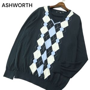 ASHWORTH アシュワース 通年 アーガイル★ Vネック コットン ニット セーター Sz.O　メンズ ネイビー 大きいサイズ ゴルフ　A4T03650_4#L