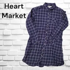 【Heart Market】チェック柄シャツ M ミドル丈 ネイビー 長袖